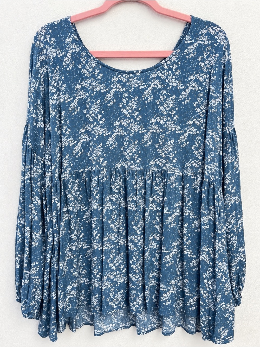 Blue Floral Babydoll Tunic Top - Women's Casual Peasant Blouse